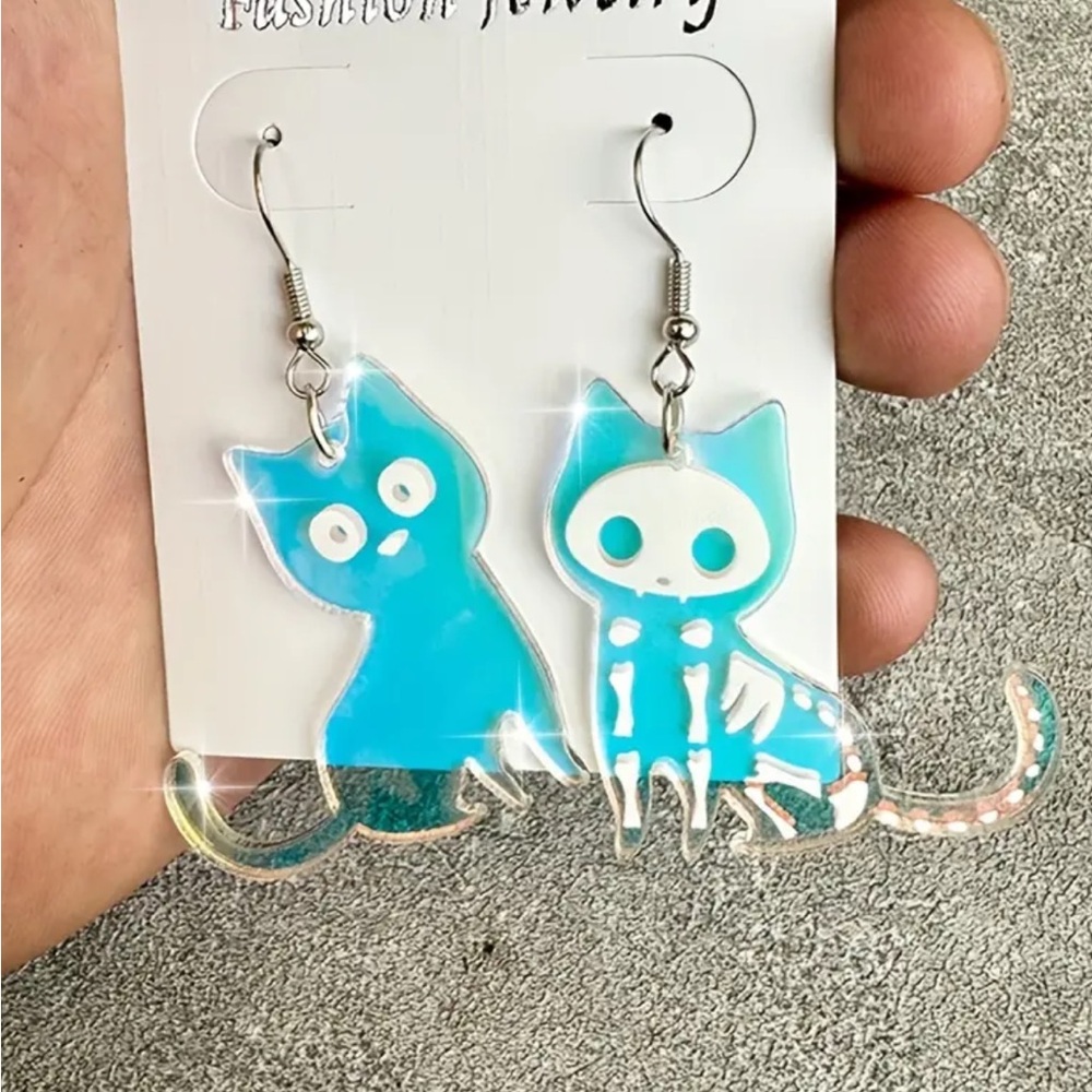 Holographic Halloween Skelton Cat Dangle Earrings